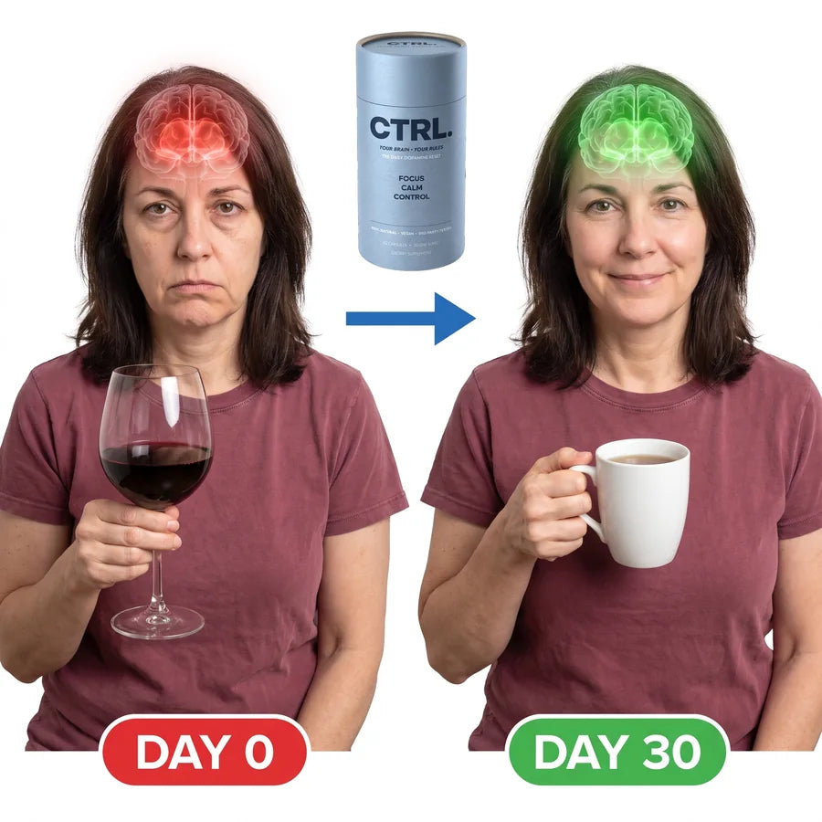 Day 0 with a glass of wine and a red low dopamine brain, day 30 with tea and a green balanced brain