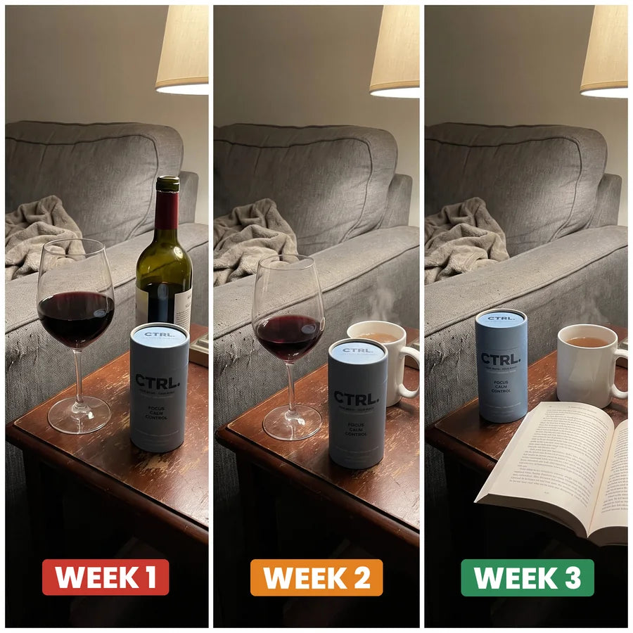 Week 1 a full glass of wine, week 2 half a glass and tea, week 3 only tea, CTRL on the table