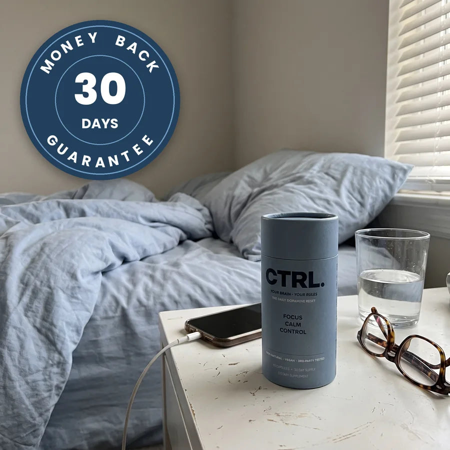 CTRL on a nightstand with a 30 day money back guarantee seal