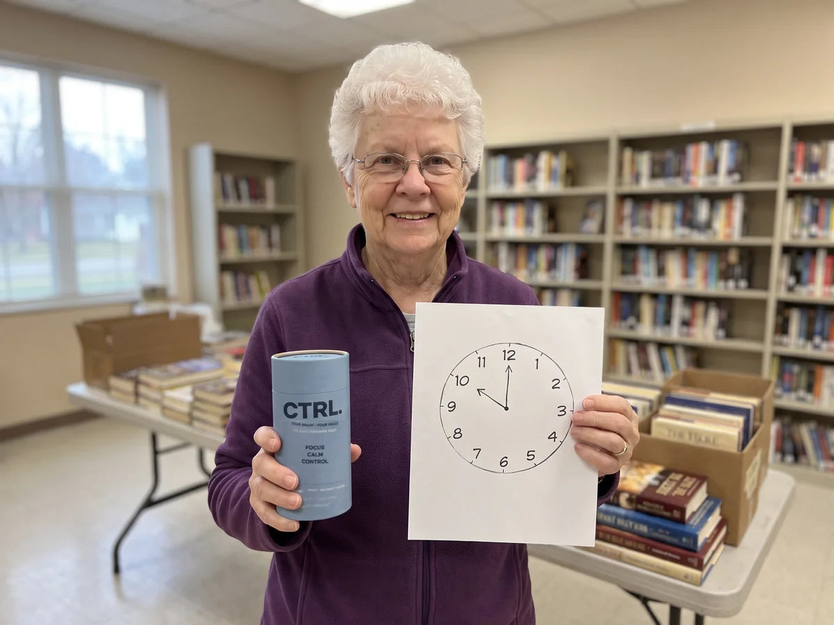 Margaret smiling in the library, holding CTRL and a clock she drew correctly