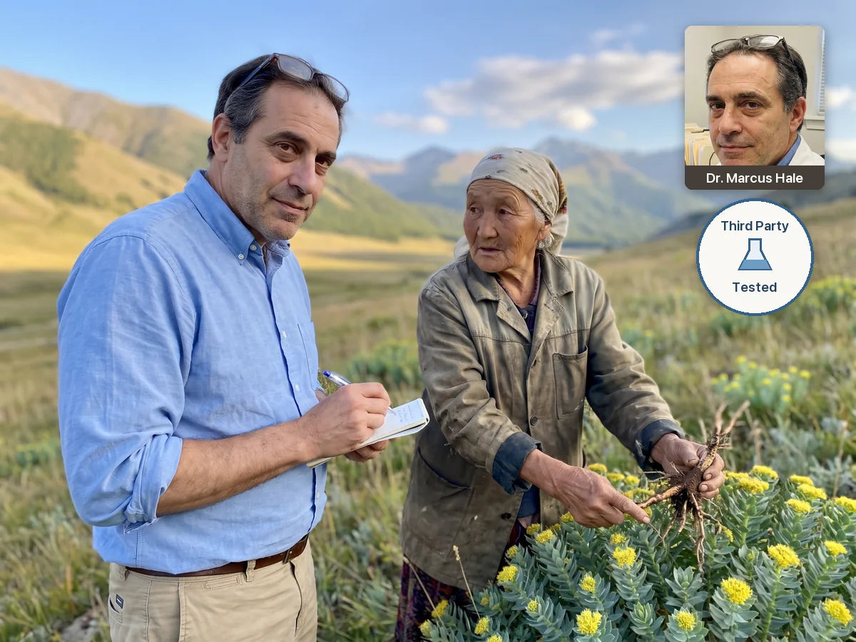 Dr. Marcus Hale in a Rhodiola field with a grower, with a third party tested badge