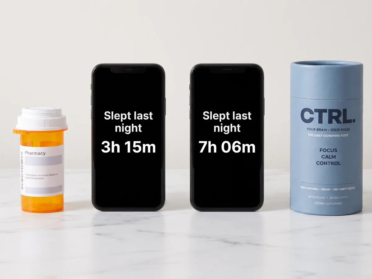 A prescription bottle next to two phones showing 3 hours 15 minutes and 7 hours 6 minutes of sleep last night, and a CTRL tube