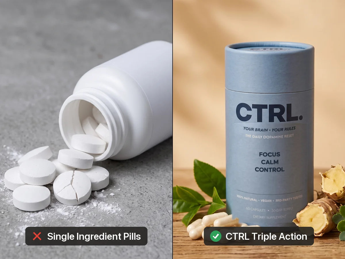 Left: cheap single ingredient pills. Right: CTRL with Rhodiola root and green tea leaves