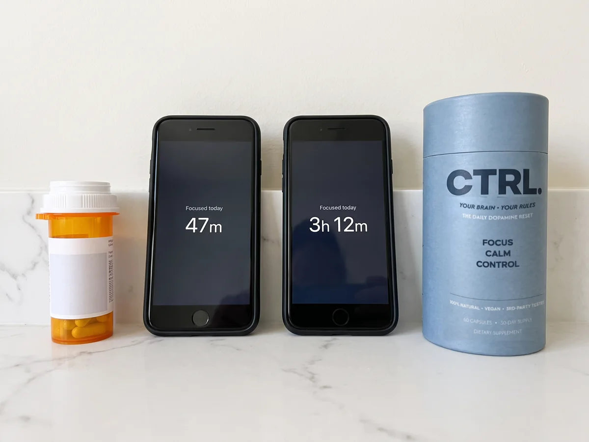 A prescription bottle next to two phones showing focus time of 47 minutes and 3 hours 12 minutes, and a CTRL tube