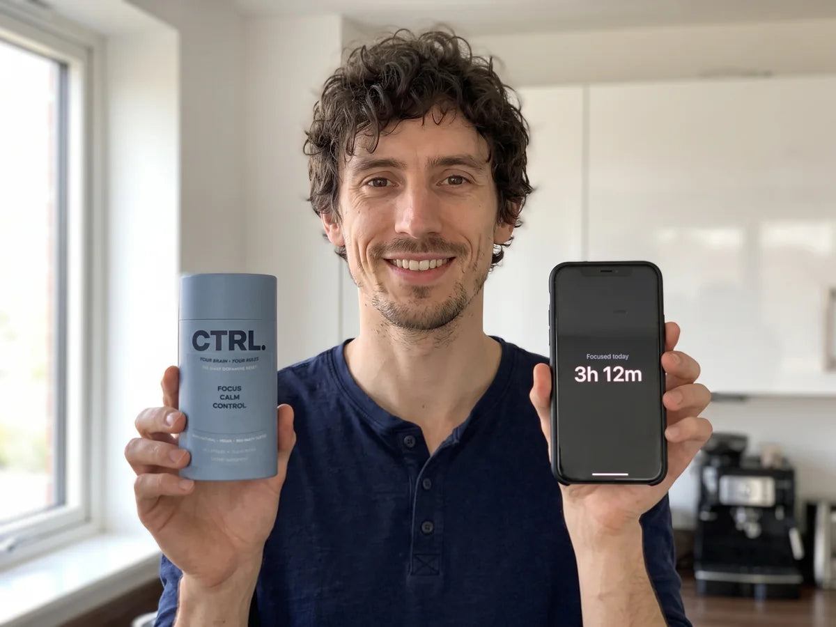 Jake smiling in his kitchen, holding CTRL and his phone showing 3 hours 12 minutes of focus
