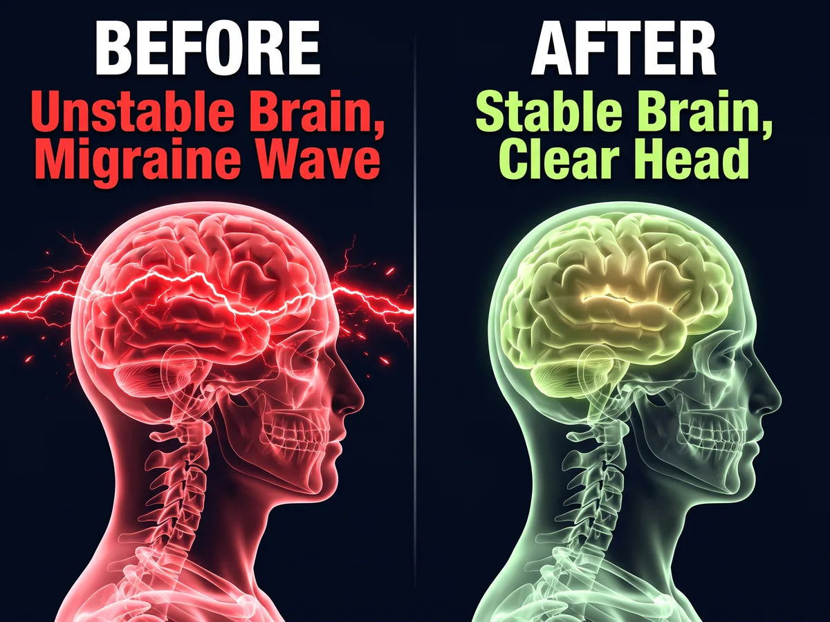 Before: an unstable brain with a red migraine wave sweeping across it. After: a stable, calm brain and a clear head