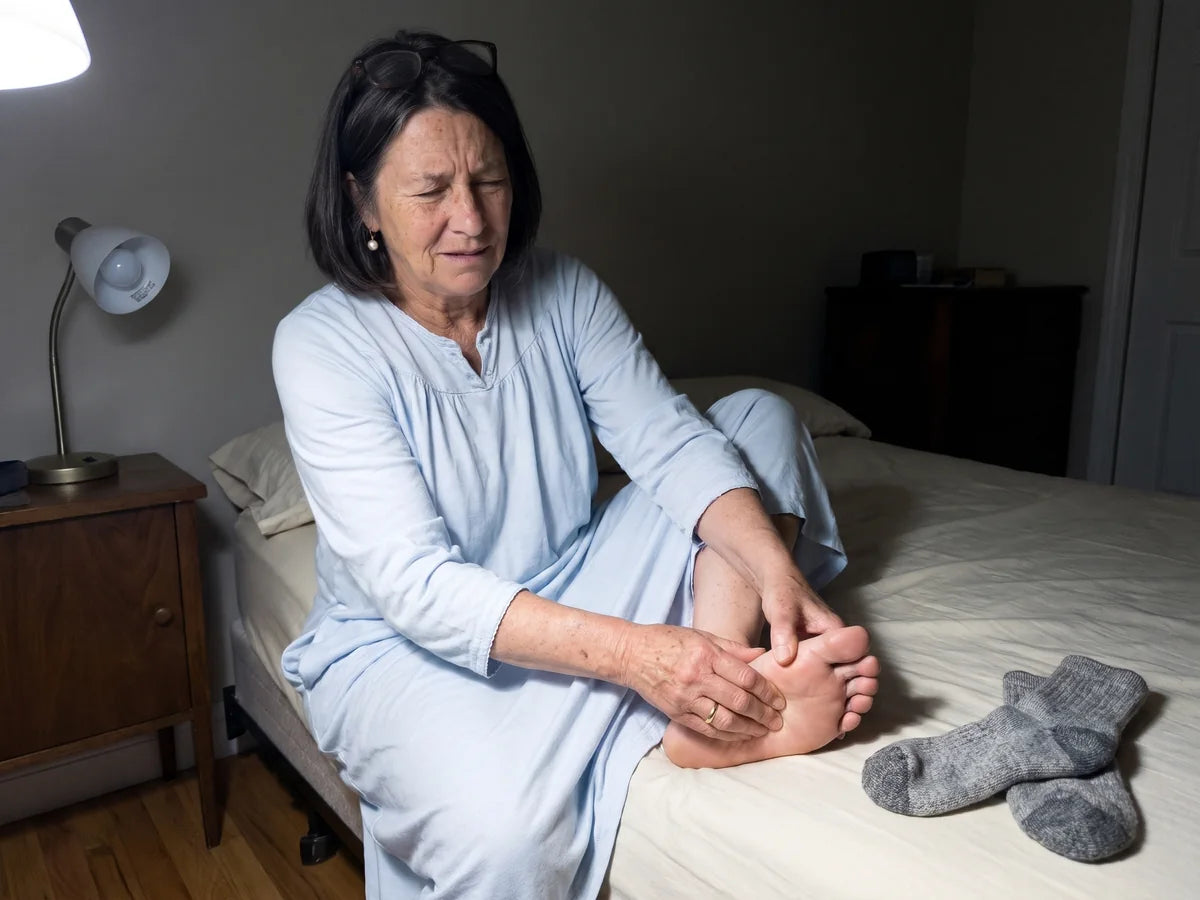 Carol sitting on the edge of her bed at night in a pale blue nightgown, rubbing the sole of her bare foot and wincing in pain