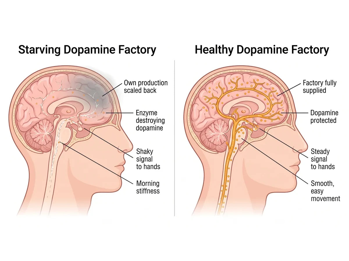 Before: a starving dopamine factory with weak signals to the hands. After: a healthy dopamine factory