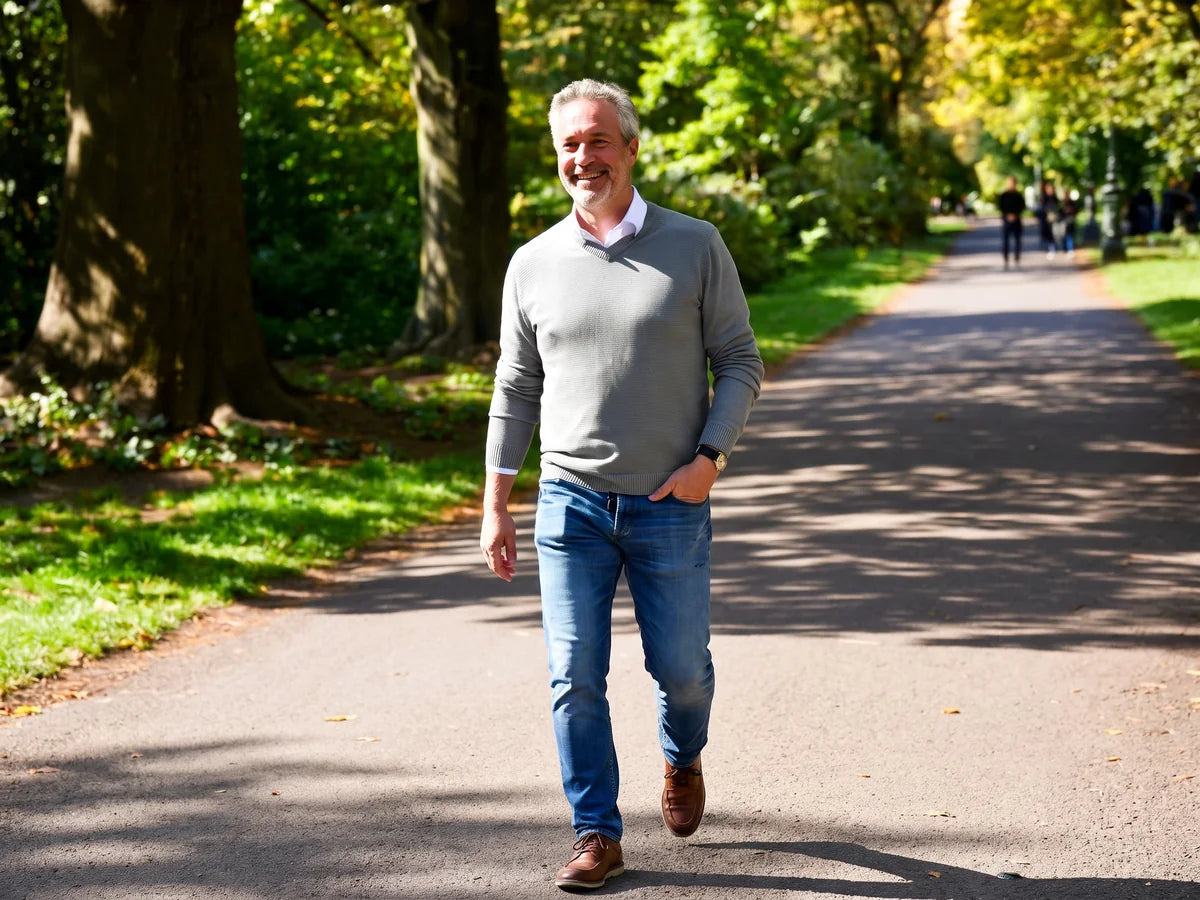 Robert walking briskly through a park on a sunny afternoon, smiling