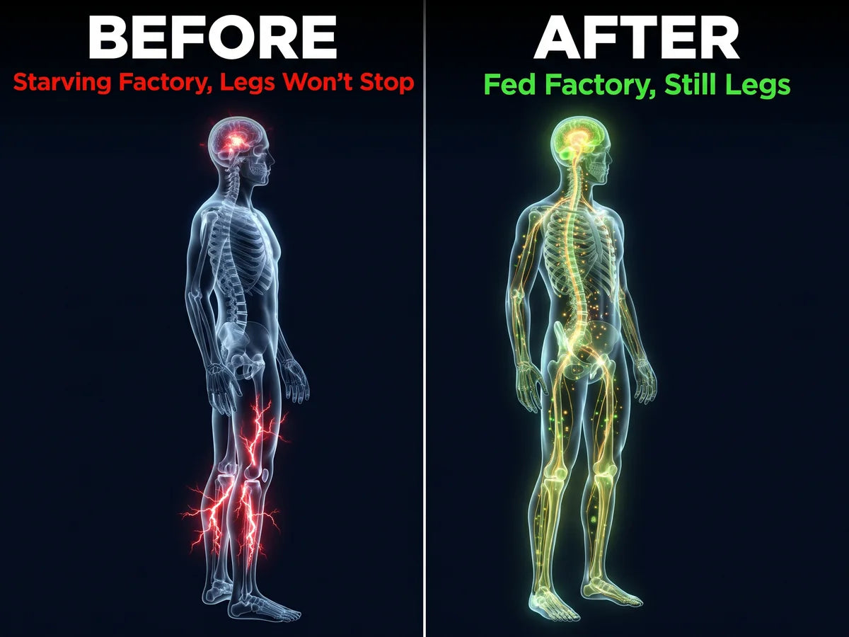 Before: a starving dopamine factory and legs crackling with restless signals. After: a fed factory and still, calm legs