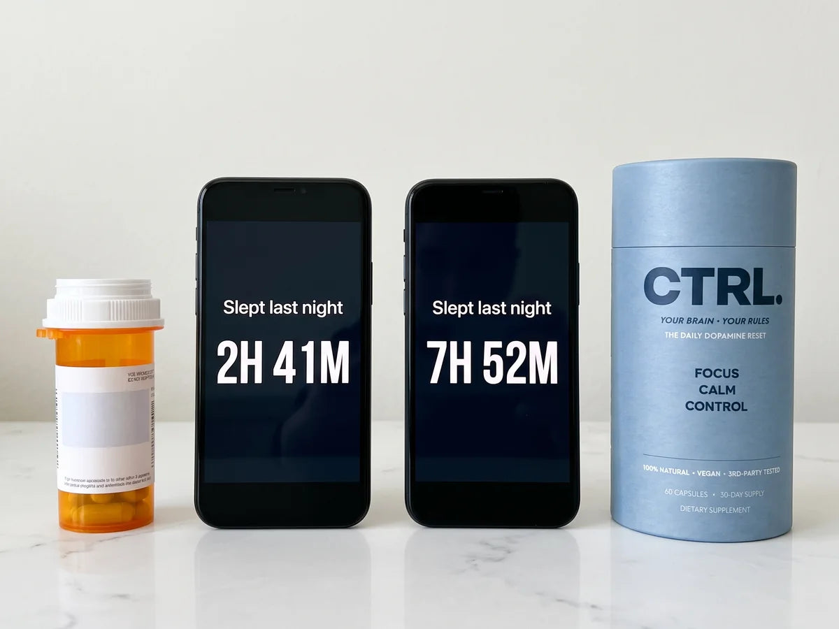 A prescription bottle next to two phones showing 2 hours 41 minutes and 7 hours 52 minutes of sleep, and a CTRL tube