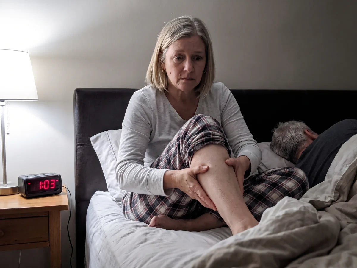 Michelle sitting up in bed at 1 AM squeezing her calf while her husband sleeps beside her