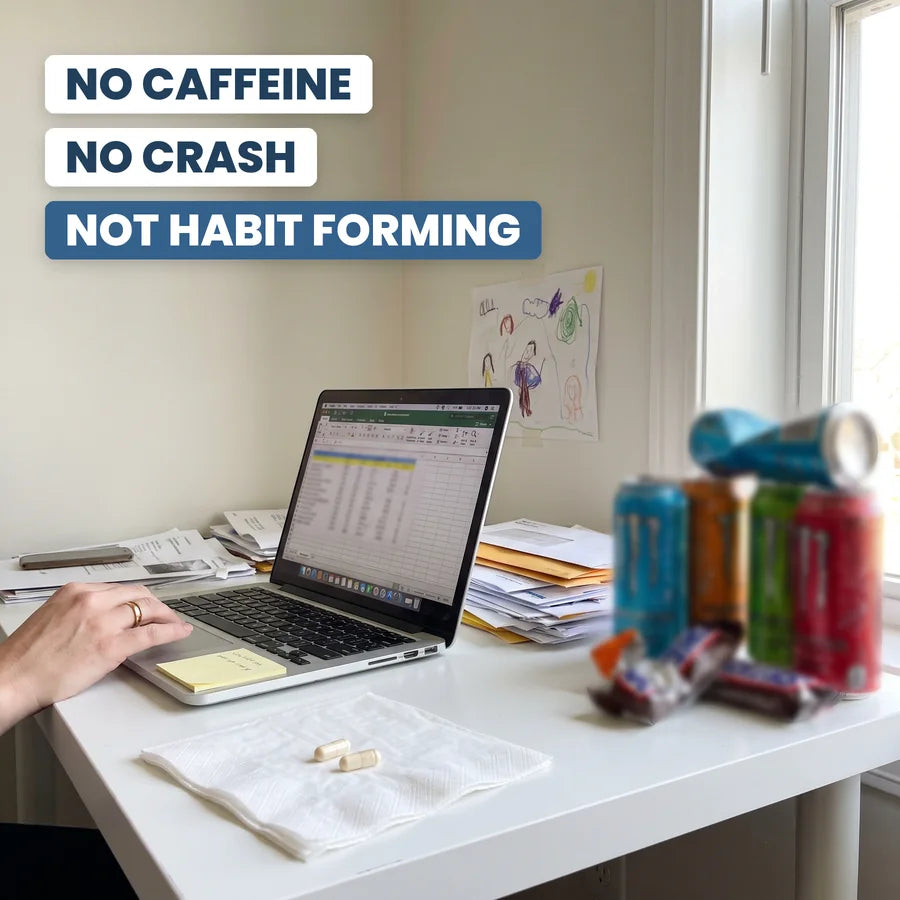 Empty energy drink cans pushed aside, two capsules in front: no caffeine, no crash, not habit forming