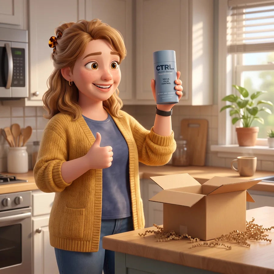 Shelly holding up her CTRL tube next to the opened delivery box