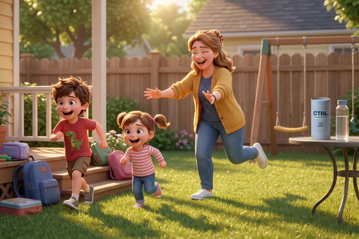After school pickup Shelly chases the kids around the backyard, full of energy