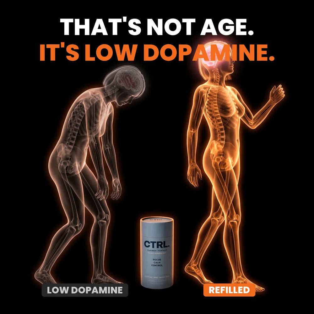 That's not age, it's low dopamine: the same body slumped with a dim brain, then upright with a bright brain, CTRL in between