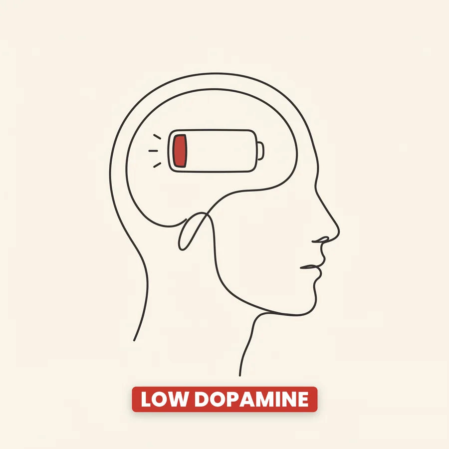 A line drawing of a head with a nearly empty battery where the brain should be, labelled low dopamine