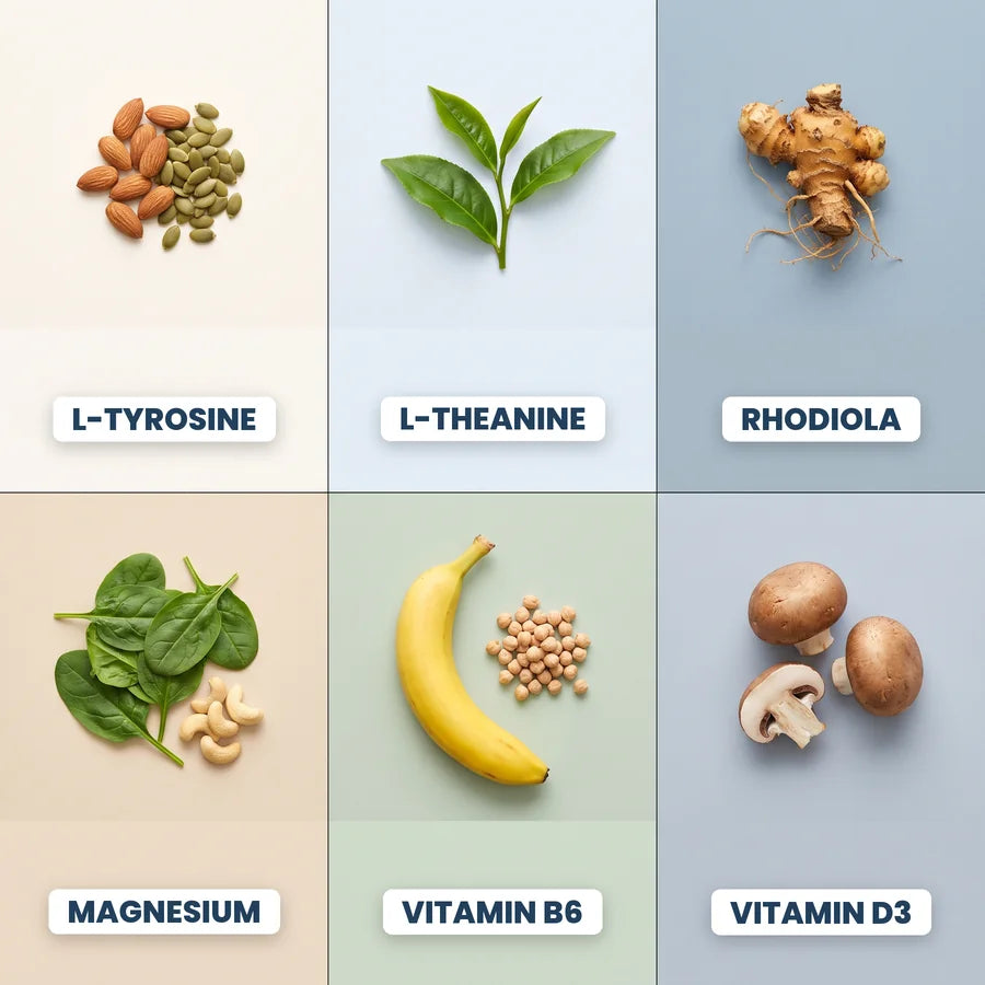 The six CTRL ingredients as whole foods on six coloured tiles