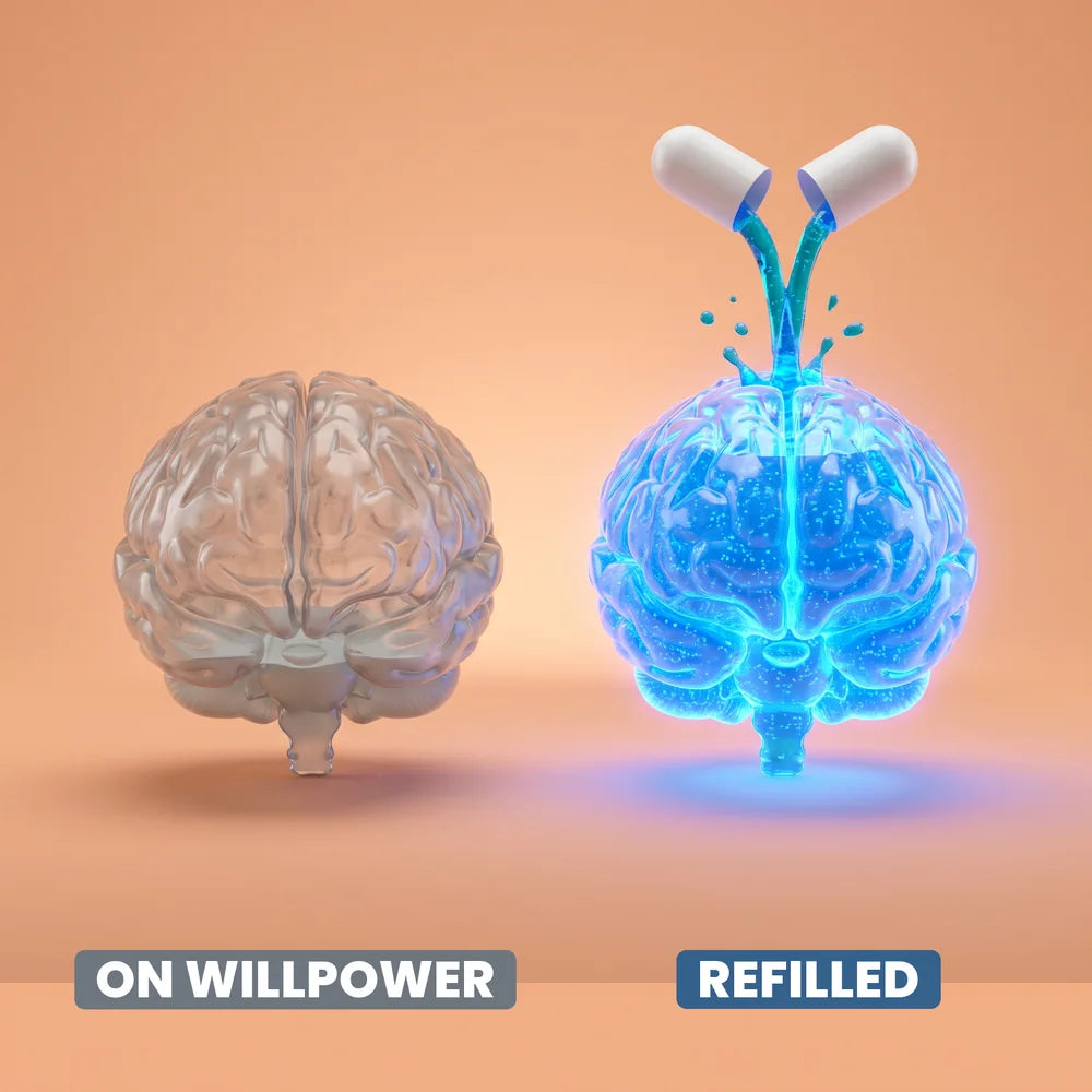 An empty glass brain running on willpower next to a glass brain refilled with glowing blue liquid from two capsules