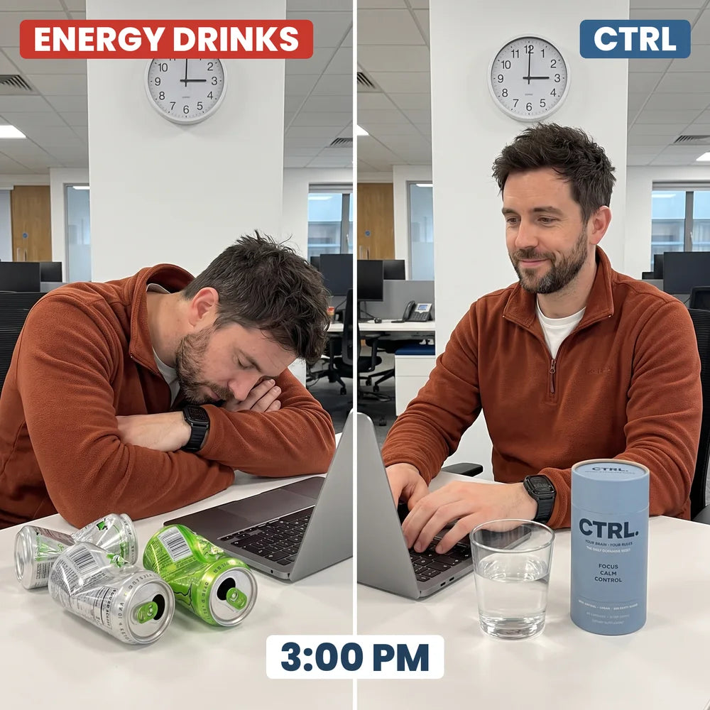 The same man at 3 PM: slumped on his desk next to empty energy drink cans, then upright and working with CTRL