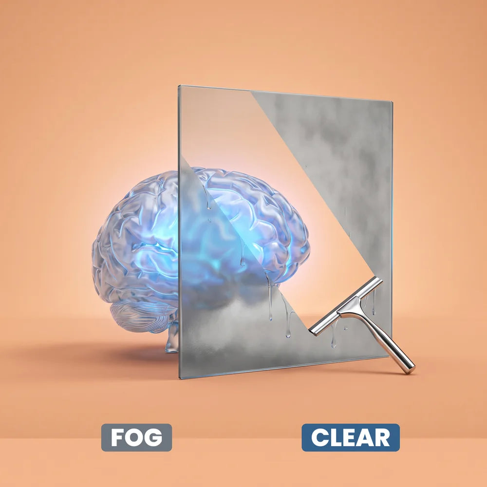 A squeegee wiping a clear stripe through fogged glass to show a bright glowing brain behind it