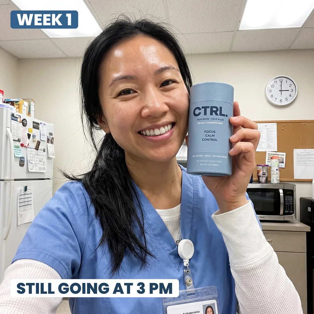 A nurse on her break at 3 PM taking a laughing selfie with CTRL, still full of energy