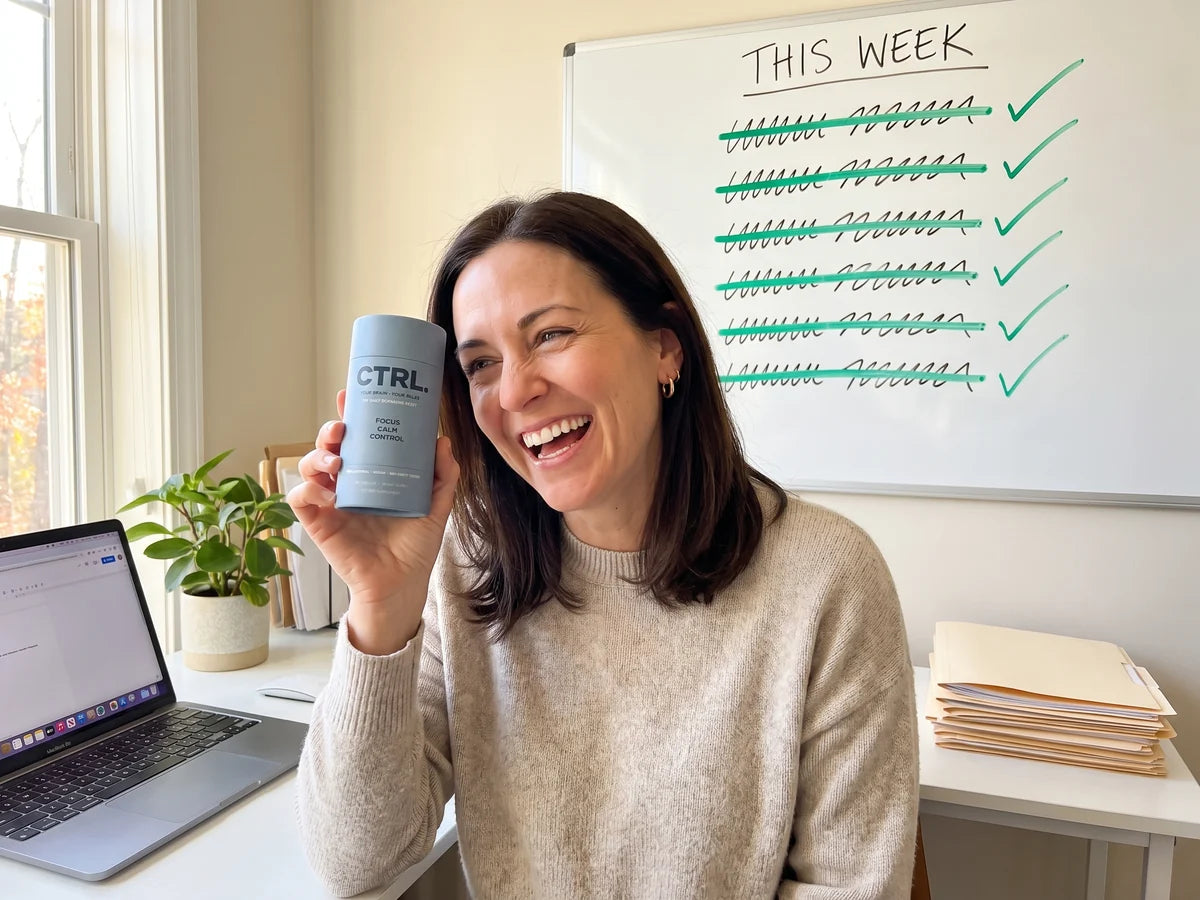 A smiling woman holding CTRL Dopamine Capsules and a to do list with every line crossed off