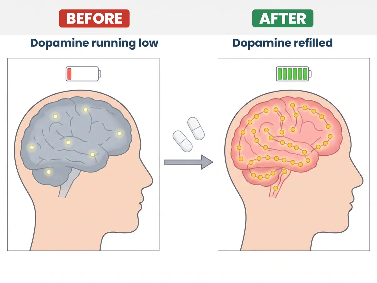 Before: a brain running low on dopamine with an empty battery. After: a brain refilled with dopamine and a full battery