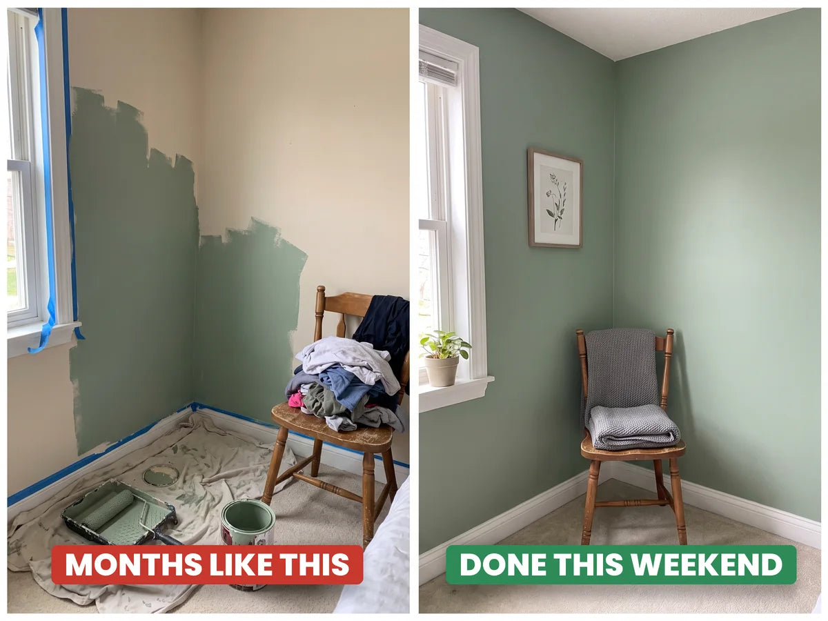 The same bedroom wall left half painted for months, then fully painted and finished