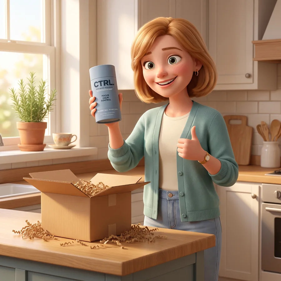 Carol holding up her CTRL tube next to the opened delivery box