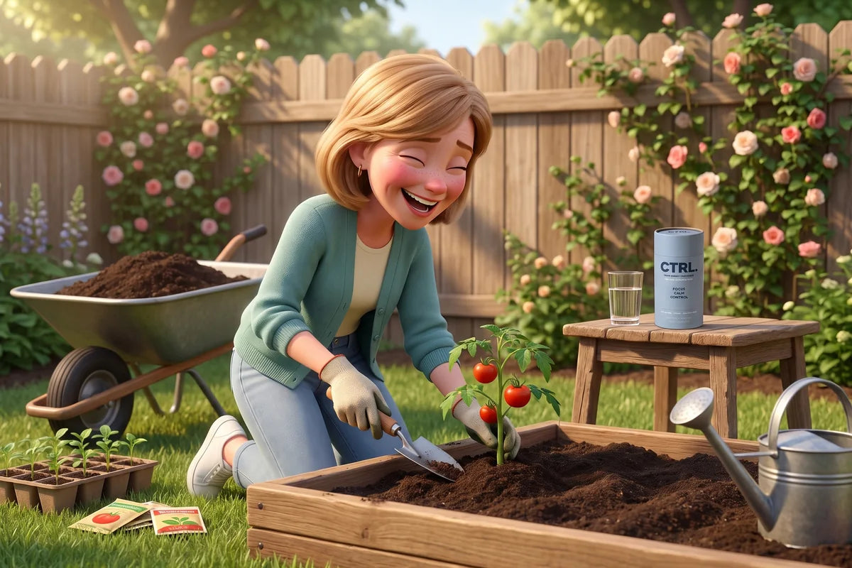 Carol happily planting tomato seedlings in her raised garden bed on a Saturday morning