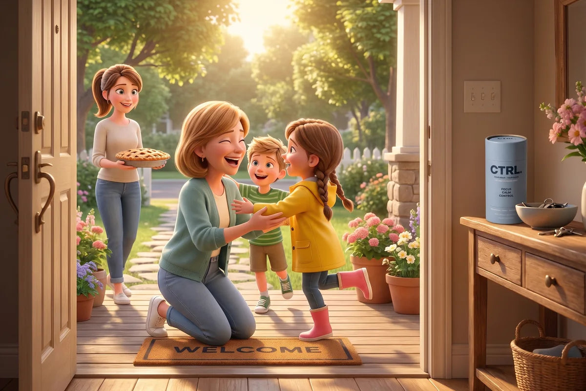 Carol opens her front door and her grandkids run into her arms