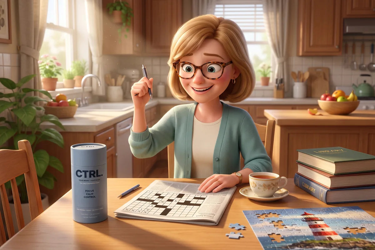Carol with her reading glasses on, finishing the crossword with a proud grin