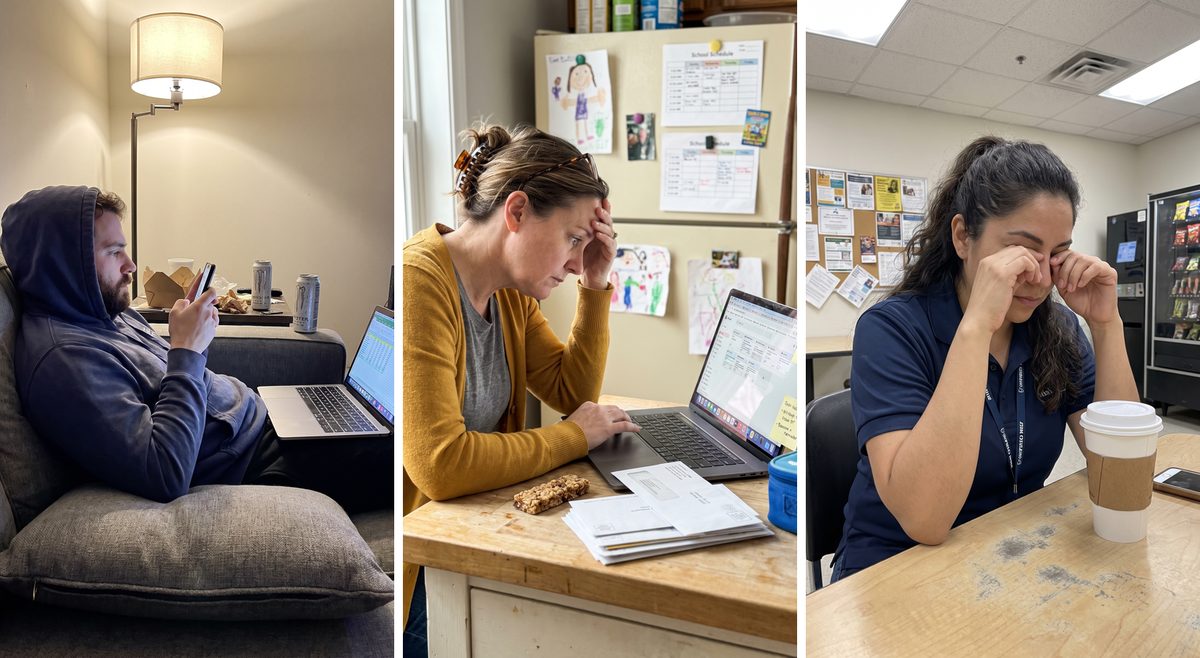 Three people worn out: scrolling on the couch, head in hand at the laptop, rubbing their eyes at work