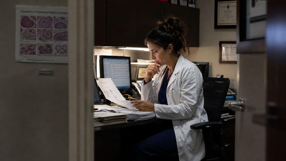 Doctor at her desk reviewing stacks of color-coded patient files, marking patterns across charts