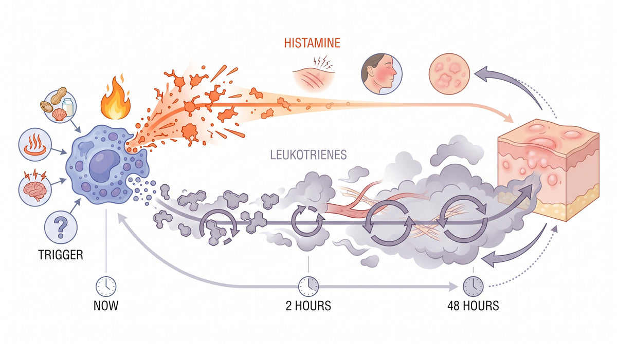 Cross-section diagram of intestinal lining with microscopic gaps between cells, food particles leaking through, mast cells on the other side firing inflammatory signals into the bloodstream