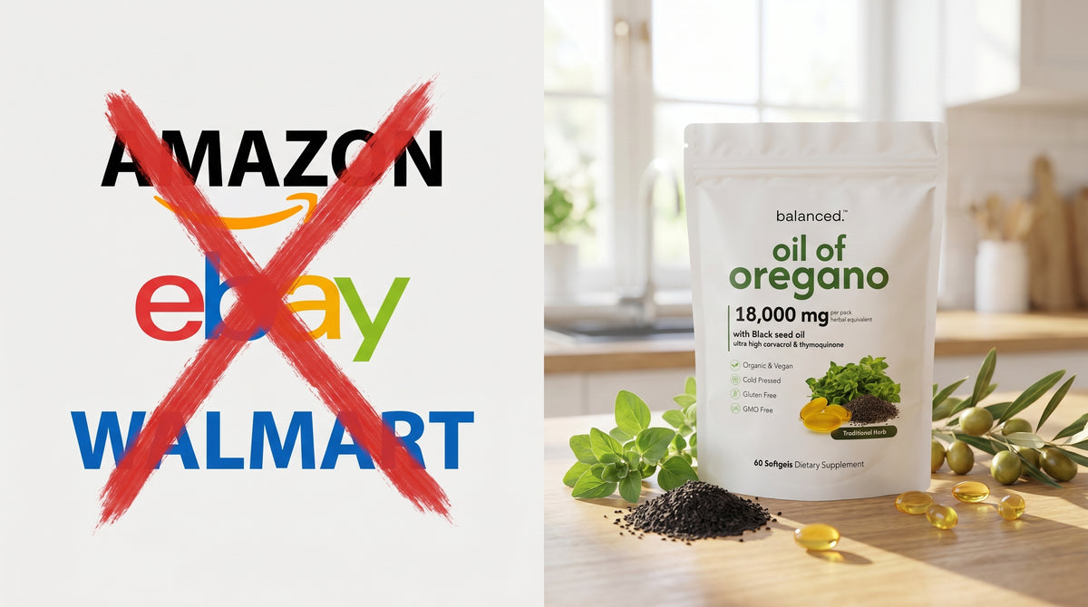 Amazon, eBay, and Walmart logos with red X marks through them, Balanced bag standing alone next to them