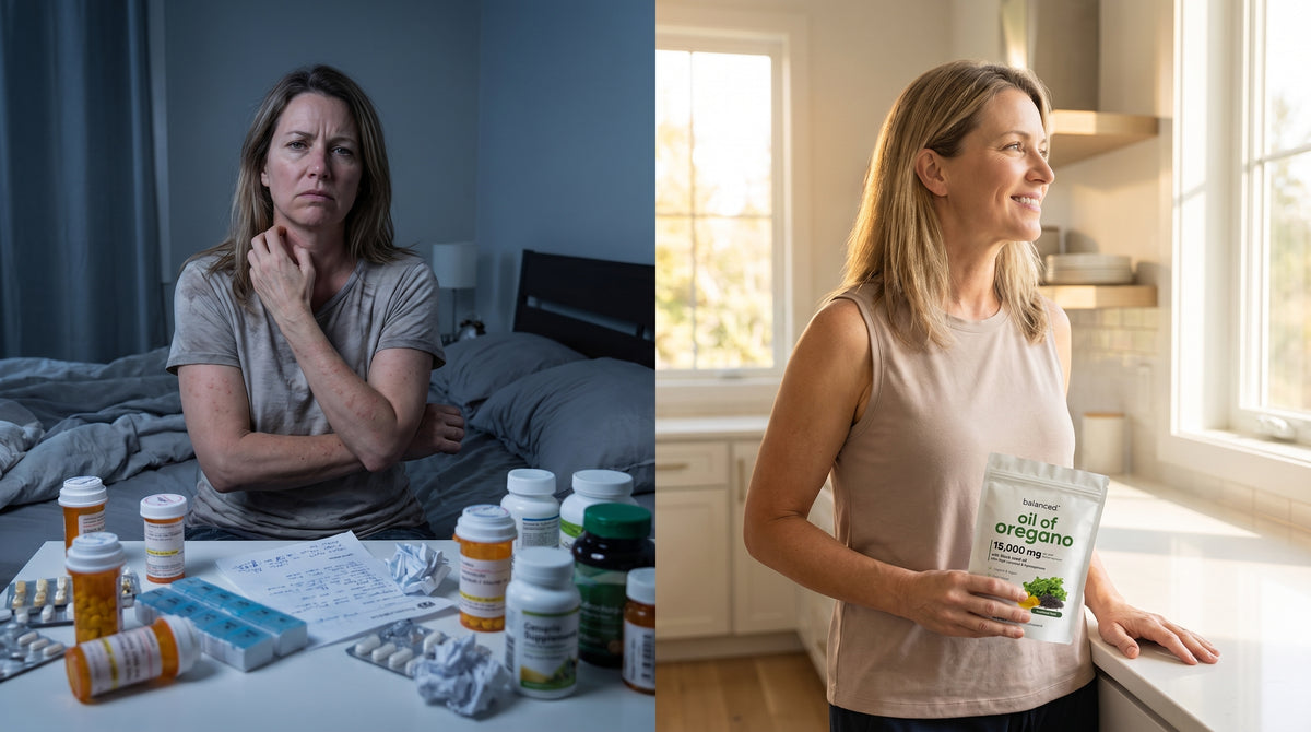 Split image showing the same woman in two scenes, exhausted on the couch with a blanket on the left, calm in the morning kitchen holding a mug on the right