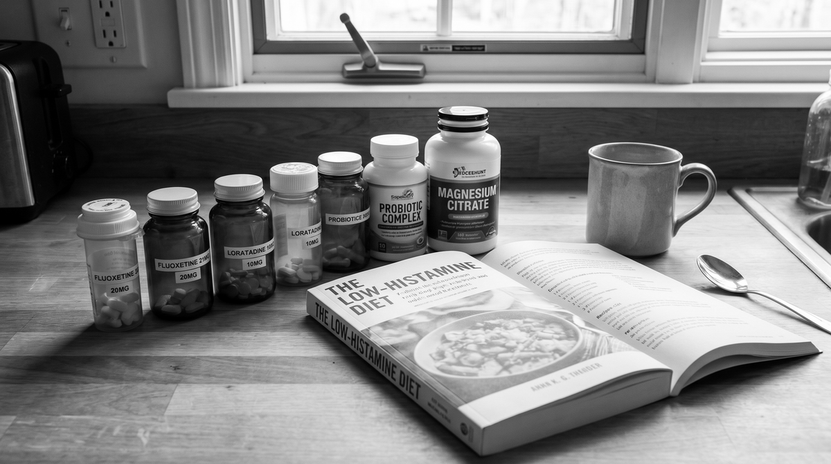 Half-empty supplement bottles and prescription bottles lined up on a kitchen counter, antihistamines, SSRIs, probiotics, low-histamine diet book