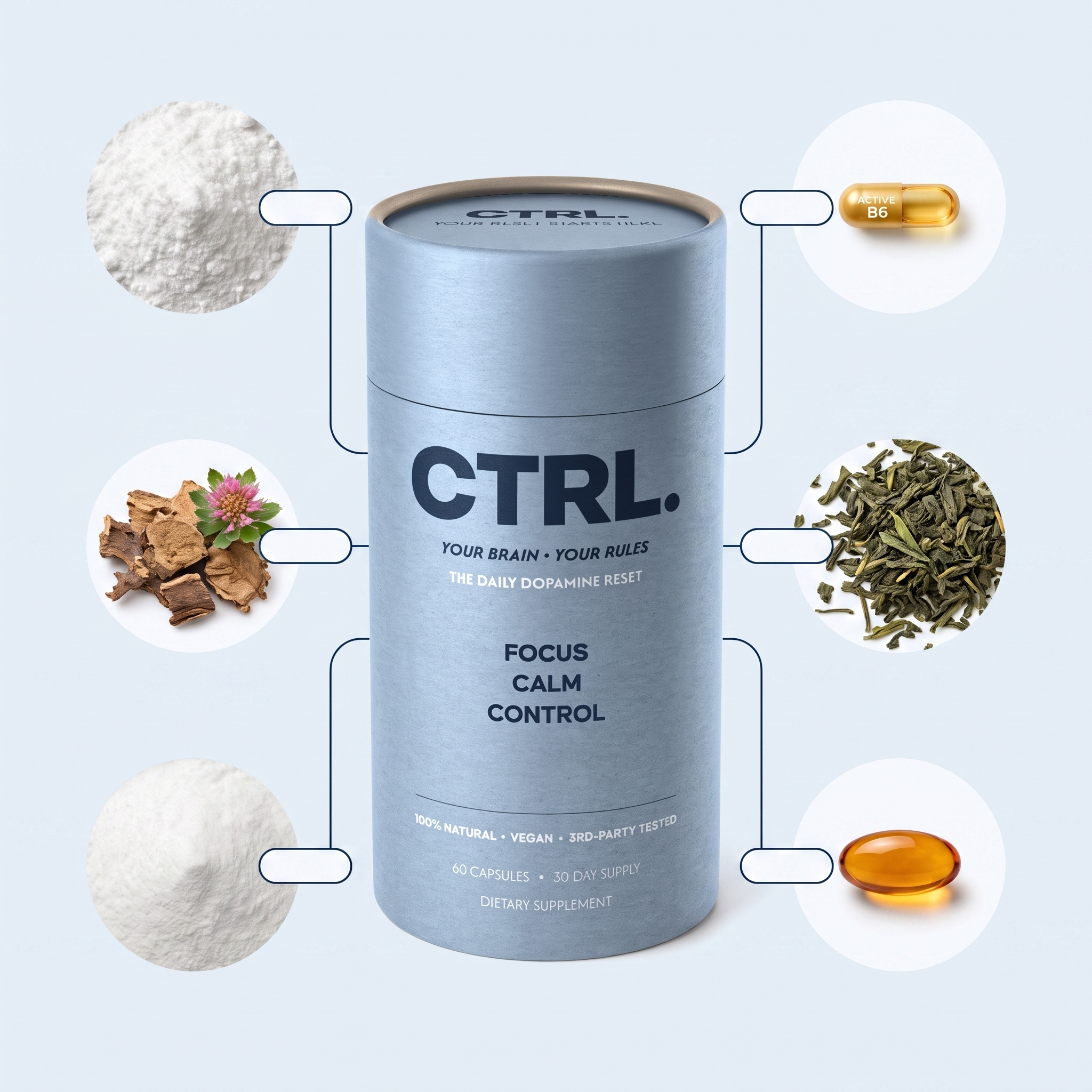 CTRL bottle with the 6 ingredients called out