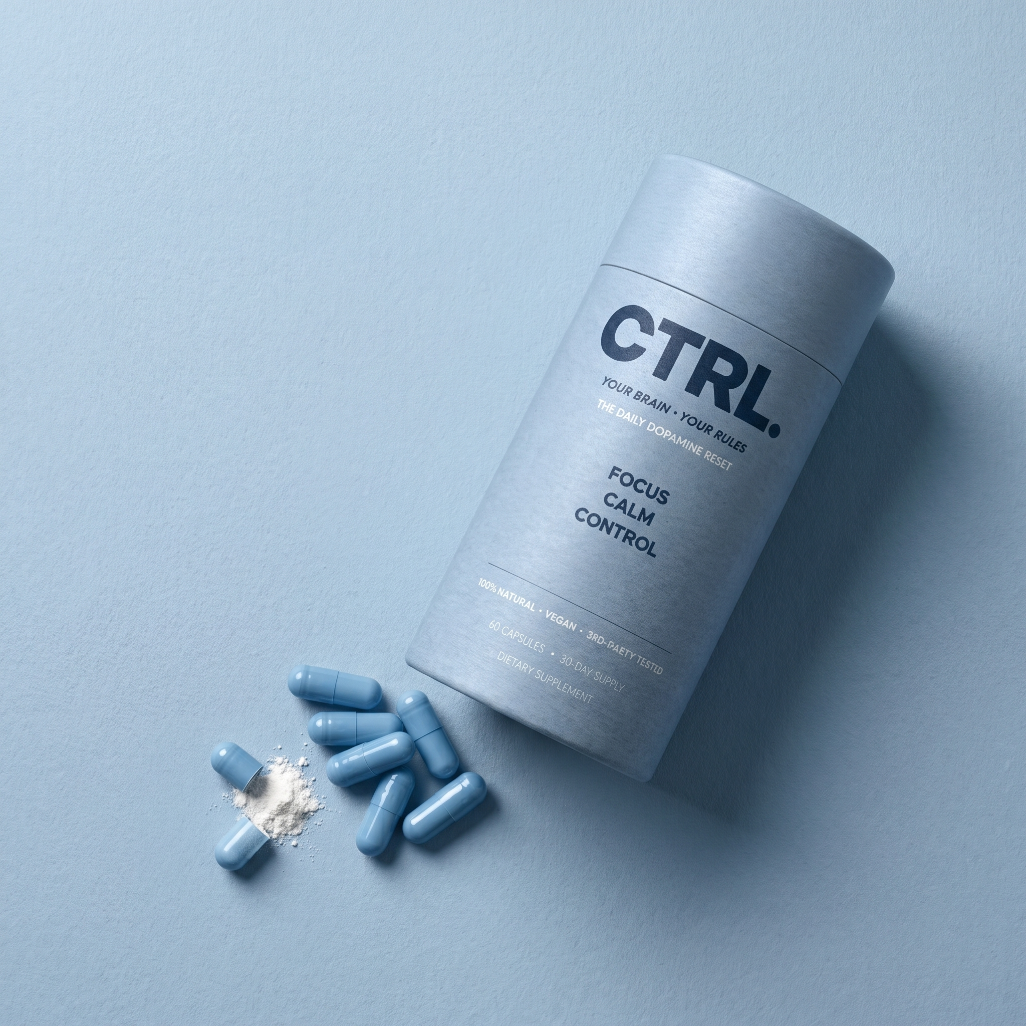 CTRL bottle flat lay with capsules