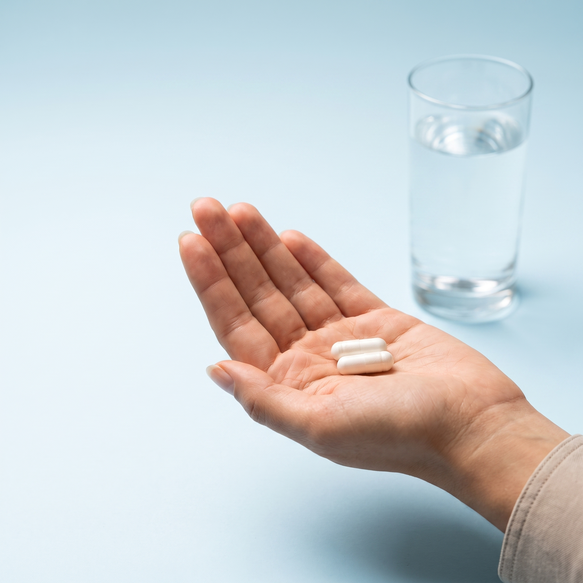 Two CTRL capsules in hand with a glass of water