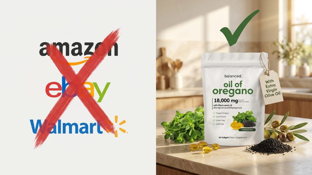 Amazon, eBay, and Walmart logos with red X marks through them, Balanced bag standing alone next to them