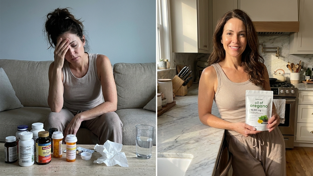 Split image showing the same woman in two scenes, exhausted on the couch with a blanket on the left, calm in the morning kitchen holding a mug on the right