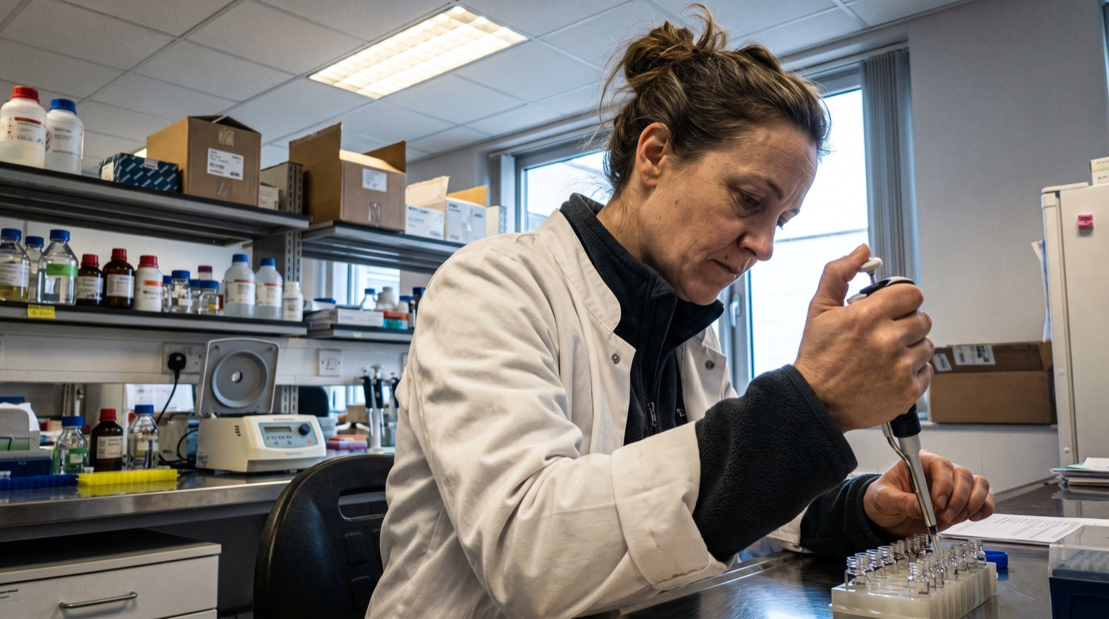Dr. Hollister at the lab bench reviewing sample vials