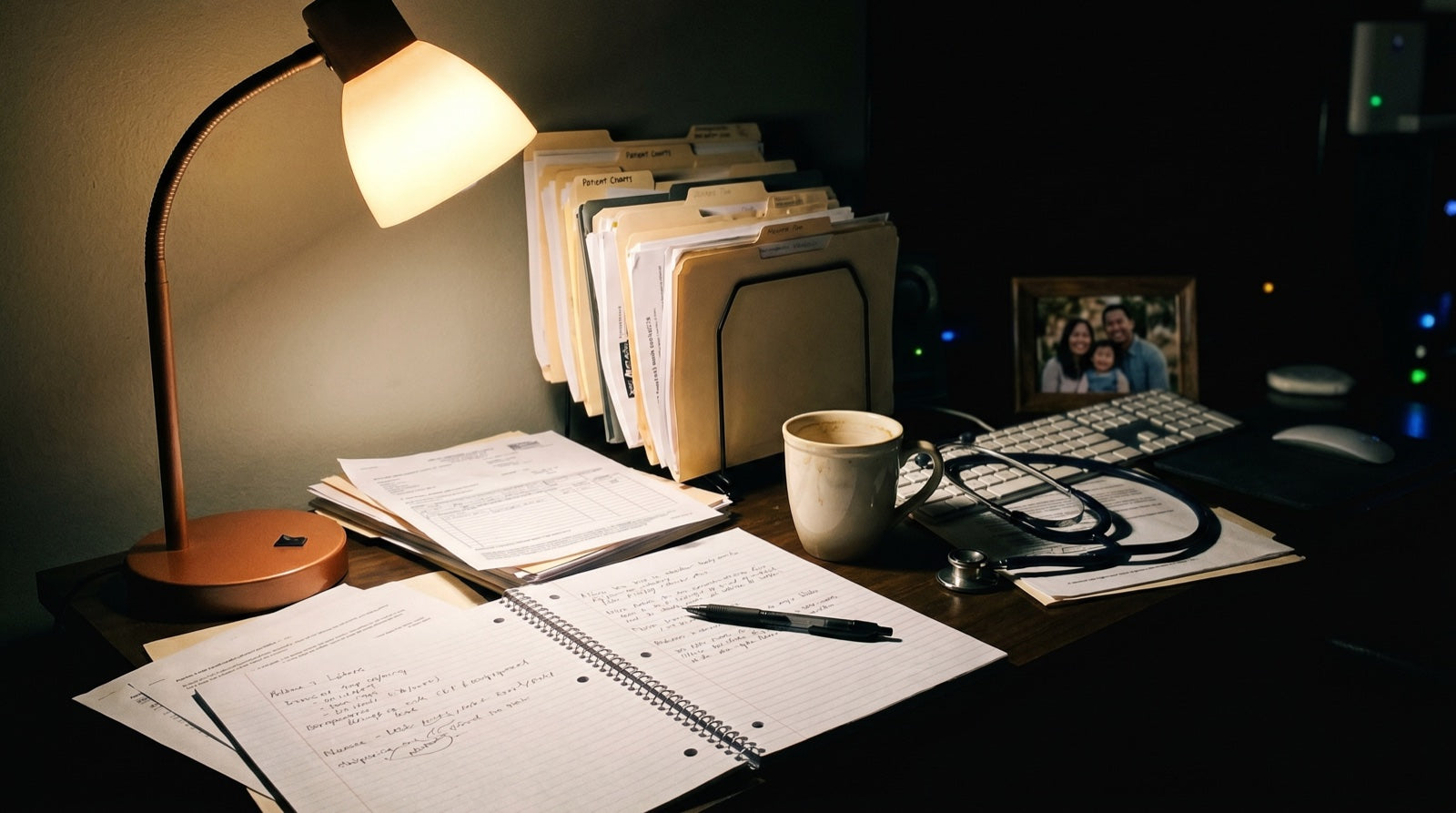 Late night clinical desk with patient charts and a coffee mug