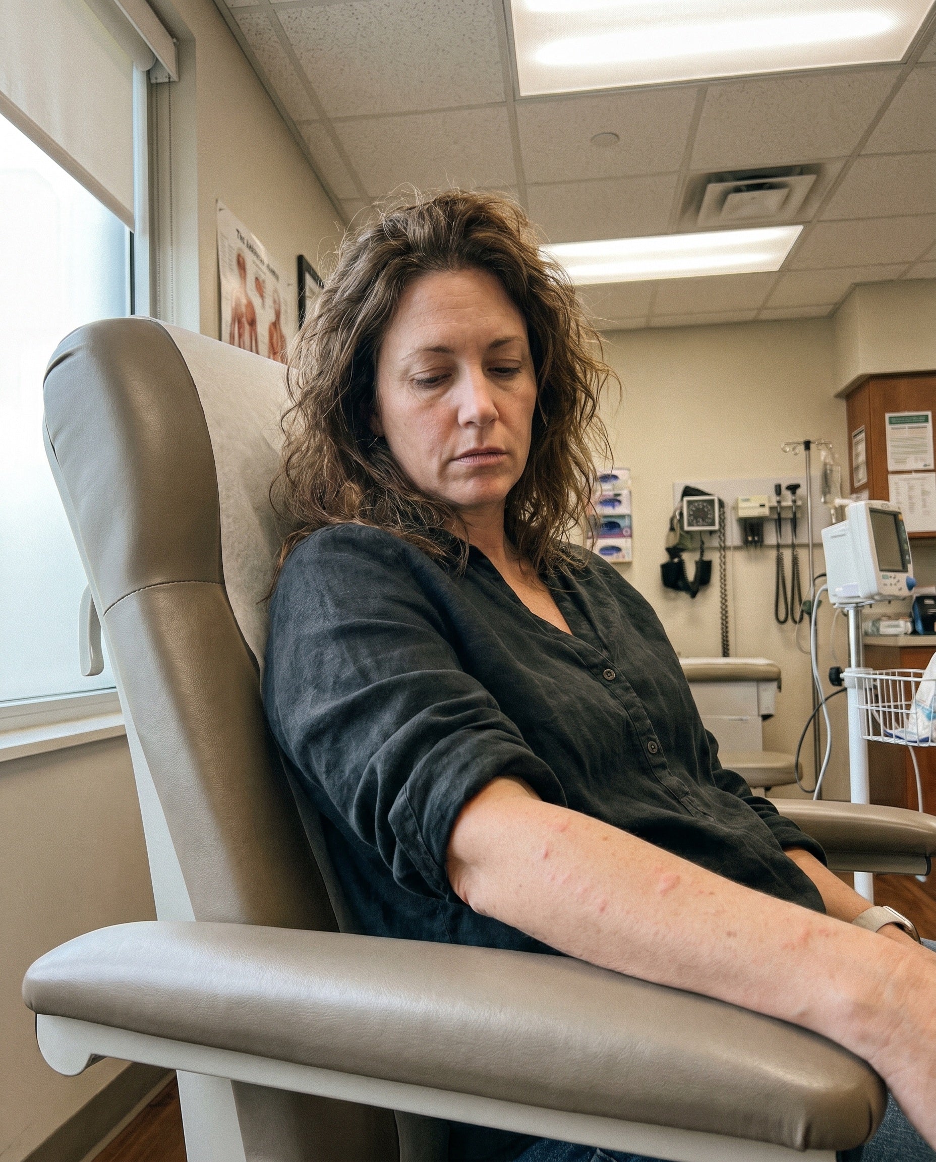 Woman in early 40s sitting in a medical exam room looking down at faint red welts on her forearm