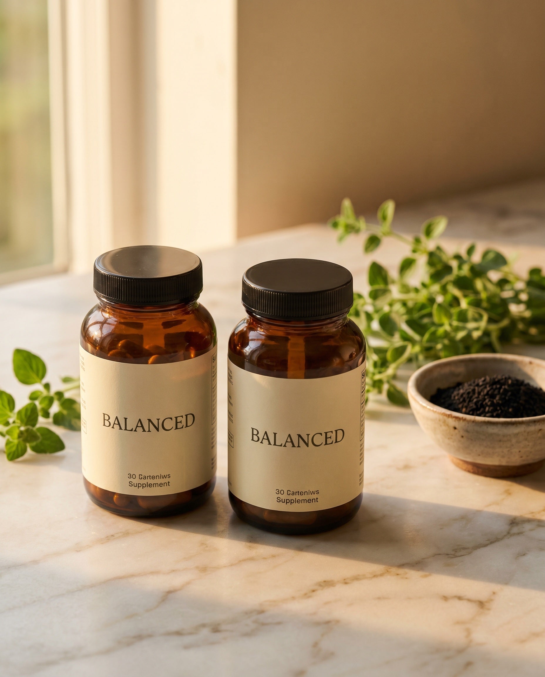 Two amber softgel bottles of Balanced on a light marble counter with fresh oregano and a dish of black cumin seeds in the background