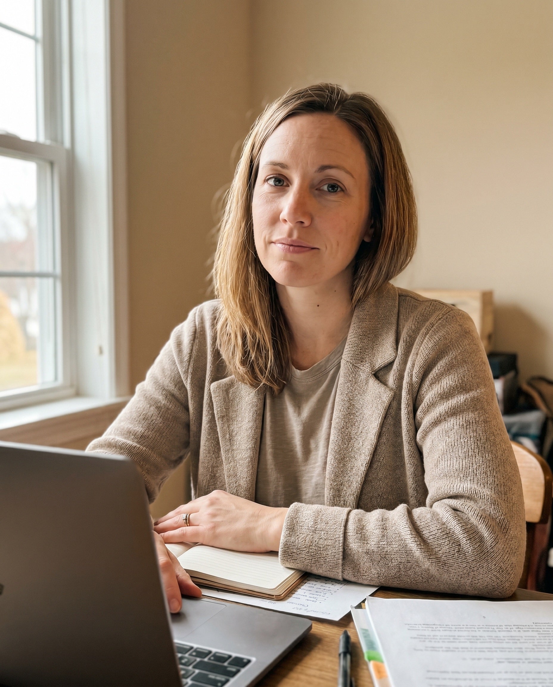 Diane M., woman in late 30s at a home desk