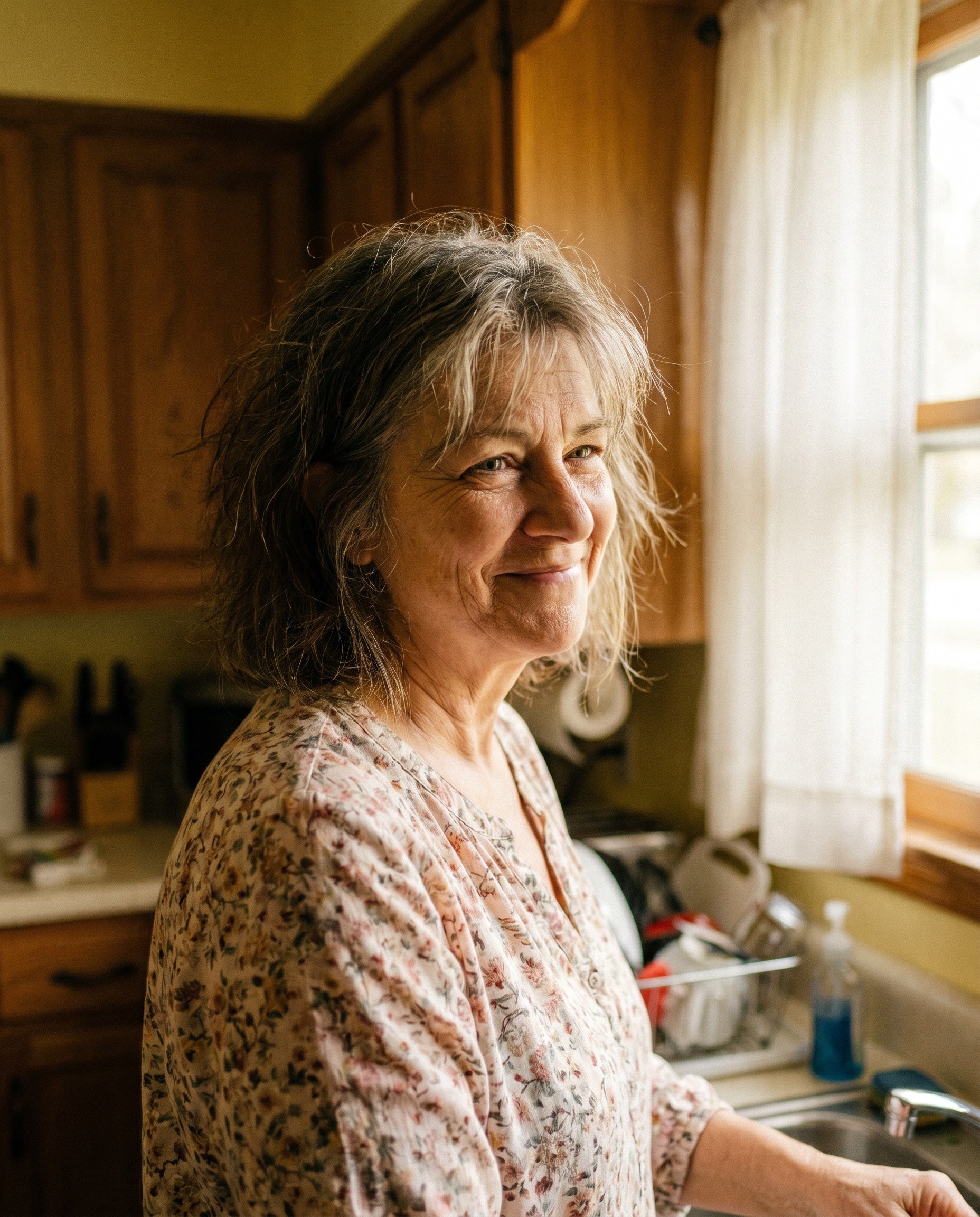 Sandra K., woman in late 50s in a sunlit home kitchen